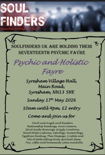 Wonderful Soul Finders Fair in Syresham Village Hall NN13 5HE - Sunday 17th May 26 - 10am-4pm