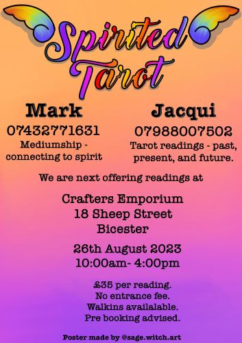 Tarot Readings and Mediumship at Crafters Emporium - Sheep Street- Bicester - 26th August 2023 10am - 4pm